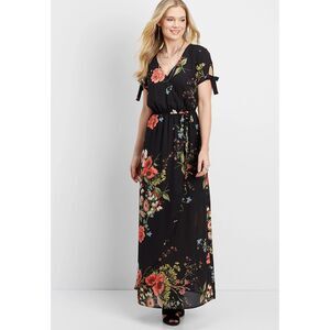 Maurices Women's Tie Short Sleeve V Neck Floral Black Spring Maxi Dress Size M